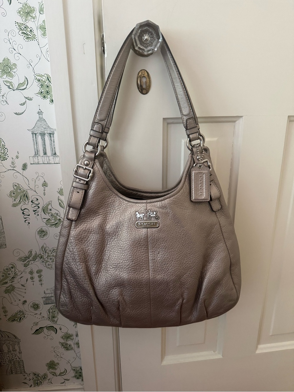 Coach Metallic Taupe Madison Maggie Pebbled Leather Hobo Shoulder Bag